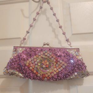 Purple Satin fully beaded clutch, crossbody or shoulder bag purse